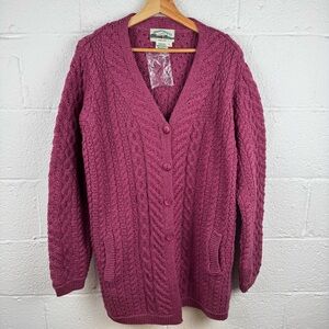 Aran Crafts Ireland 100% Merino Wool Cable Knit Cardigan Sweater Pink Size L